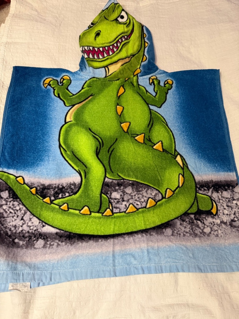 Kids Dinosaur Hooded Towel Poncho Blue Green T-Rex Cotton